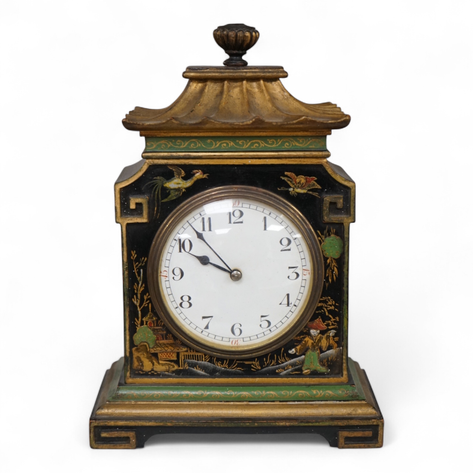 A late 19th century chinoiserie timepiece with pagoda pediment, 23cm